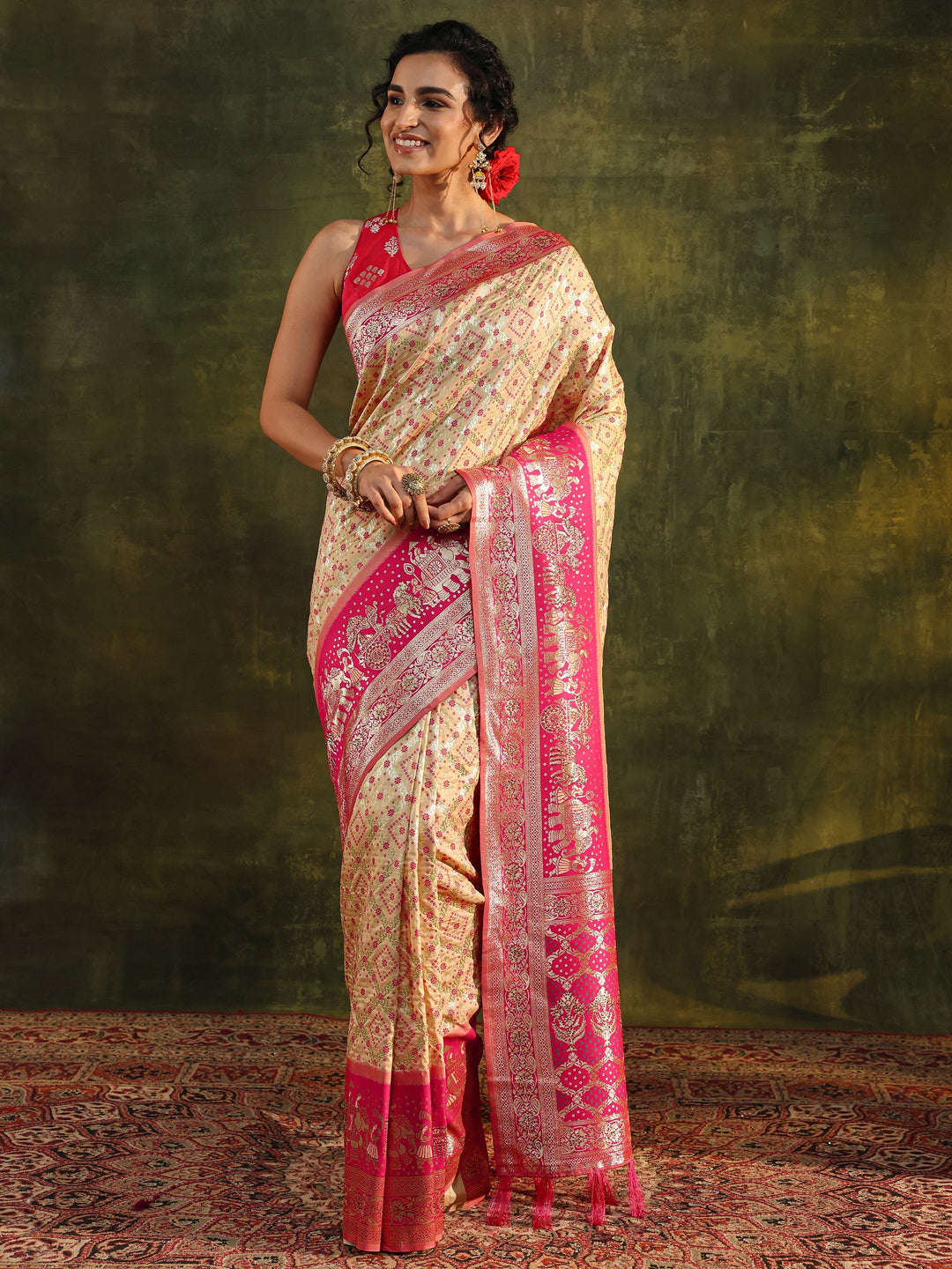  Ivory Gharchola Woven Design Silk Blend Saree With Unstitched Blouse Piece 