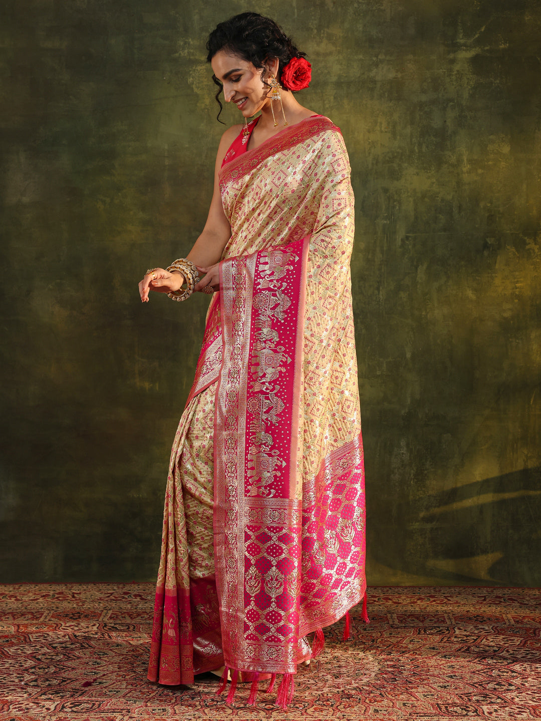  Ivory Gharchola Woven Design Silk Blend Saree With Unstitched Blouse Piece 
