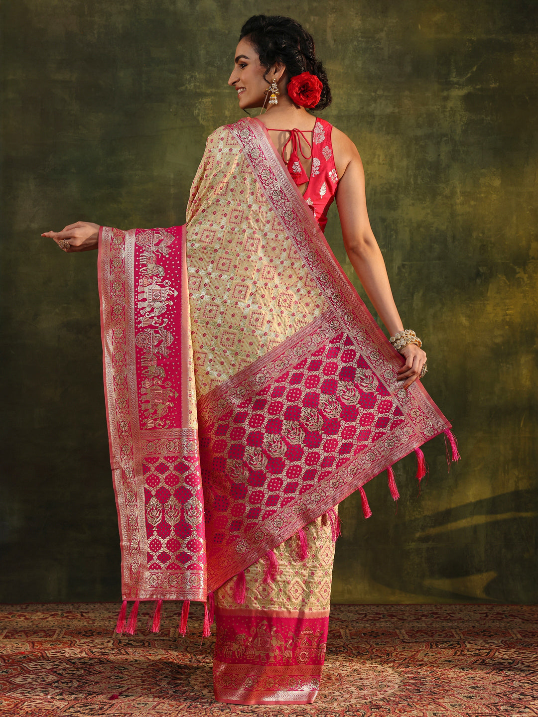  Ivory Gharchola Woven Design Silk Blend Saree With Unstitched Blouse Piece 
