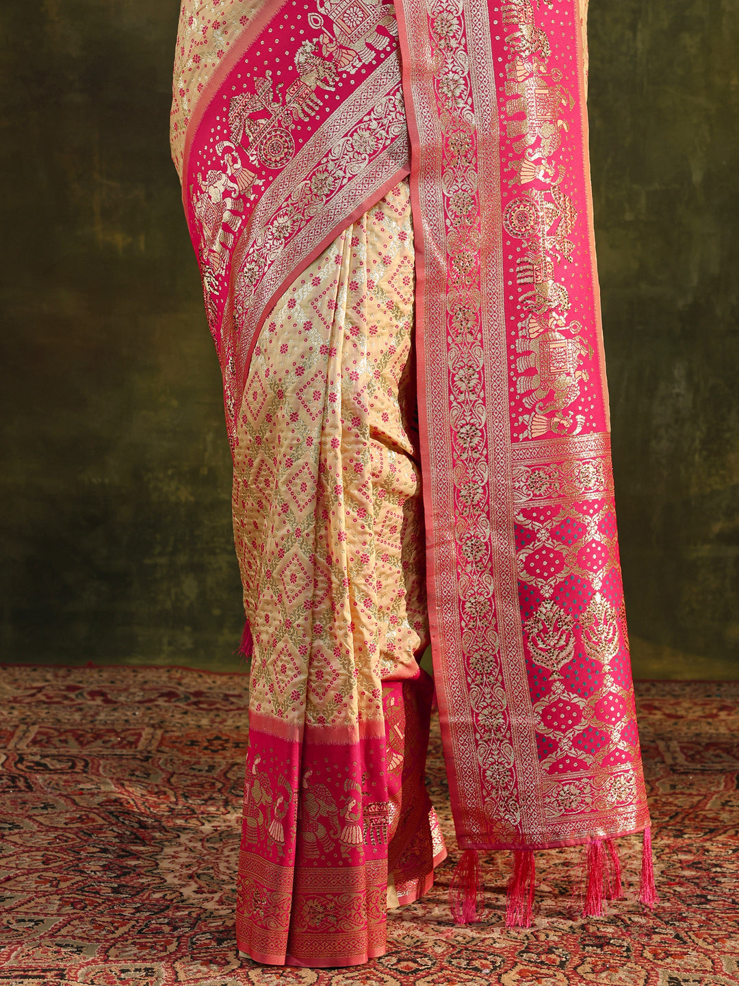  Ivory Gharchola Woven Design Silk Blend Saree With Unstitched Blouse Piece 