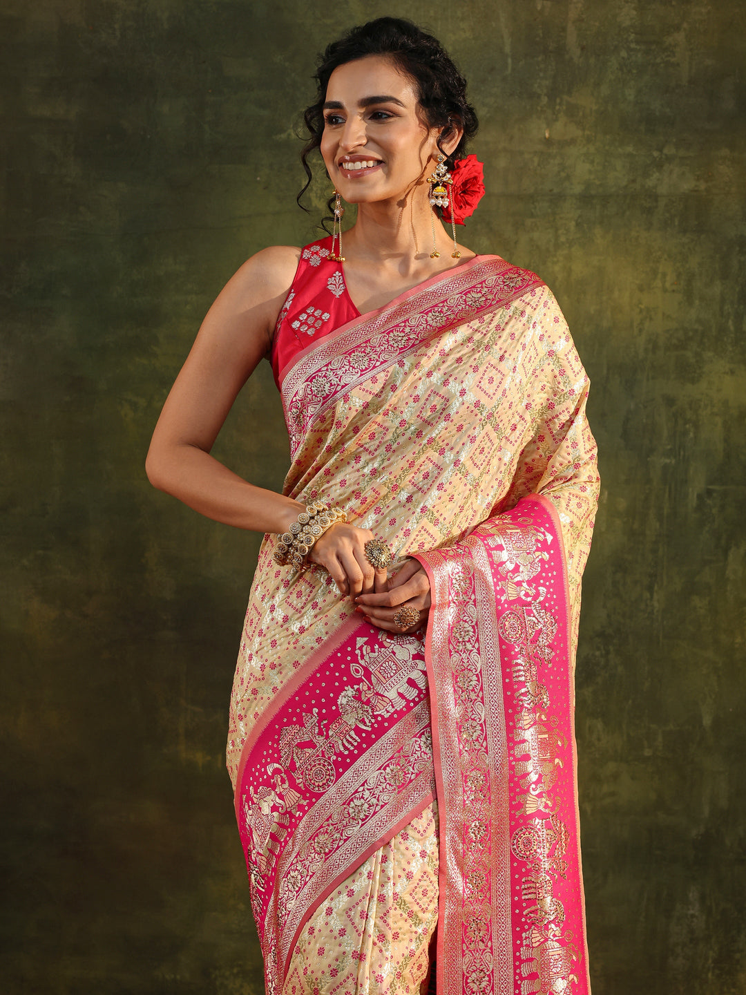  Ivory Gharchola Woven Design Silk Blend Saree With Unstitched Blouse Piece 