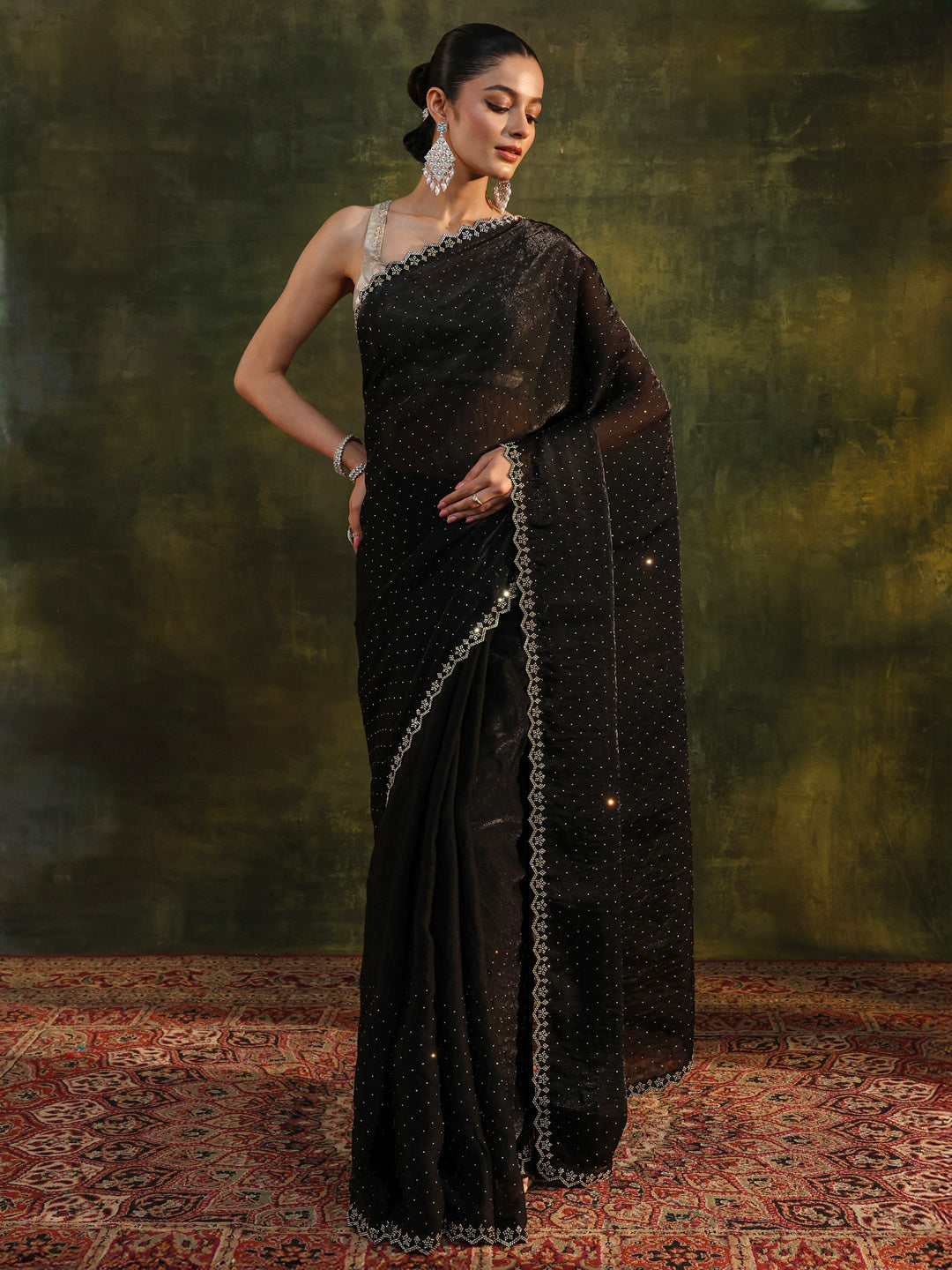 Black Embellished Tissue Saree With Unstitched Blouse Piece 