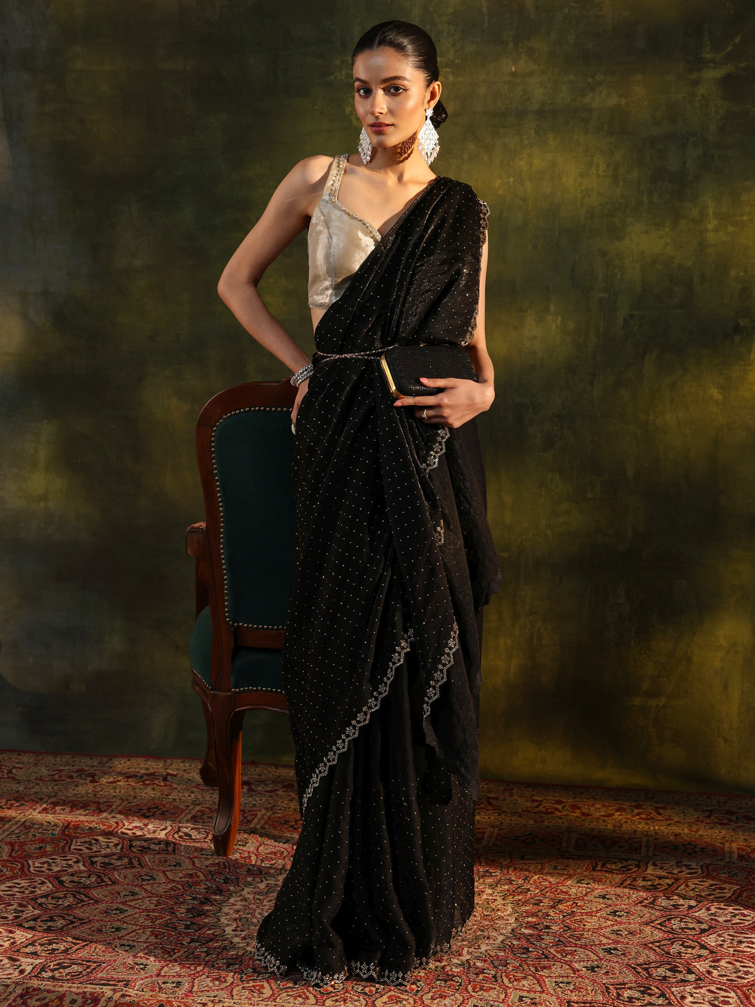  Black Embellished Tissue Saree With Unstitched Blouse Piece 