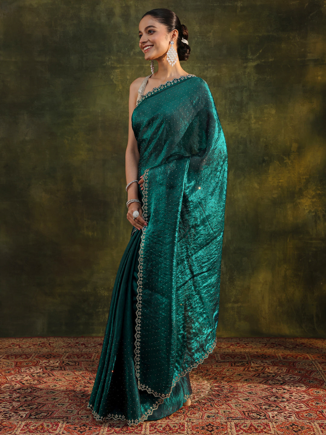  Teal Embellished Tissue Saree With Unstitched Blouse Piece 