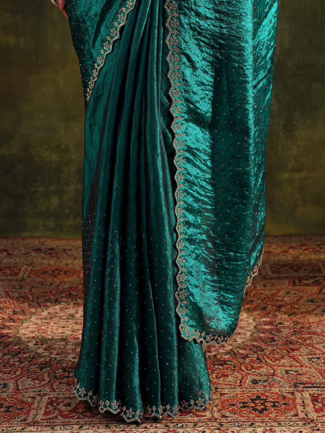  Teal Embellished Tissue Saree With Unstitched Blouse Piece 