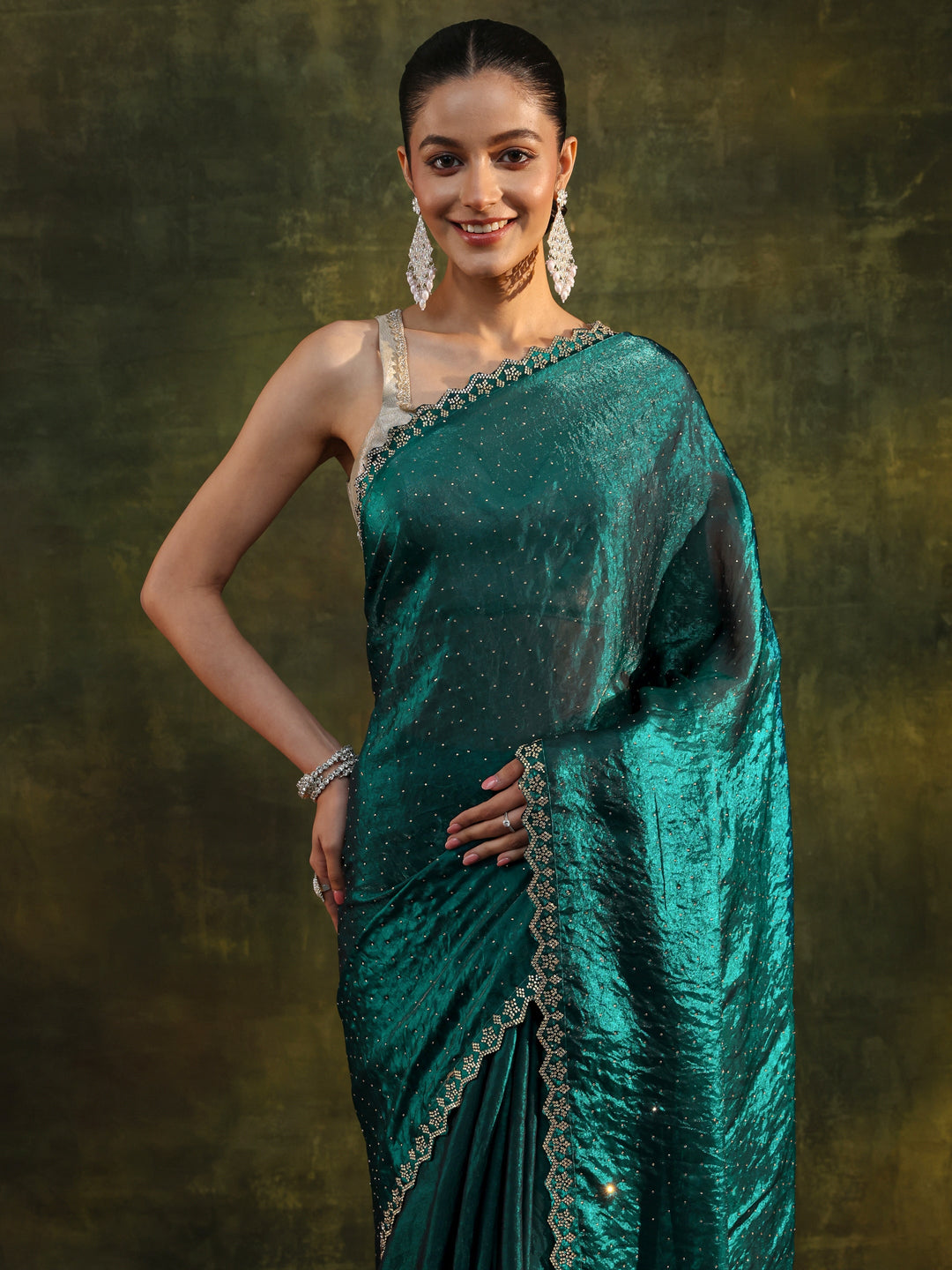  Teal Embellished Tissue Saree With Unstitched Blouse Piece 