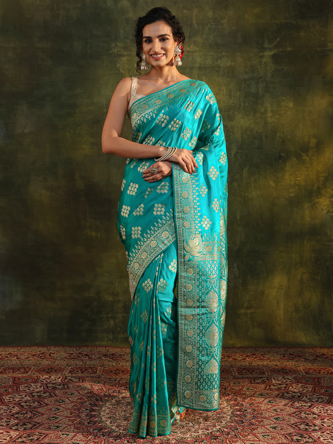 Libas Art Green Woven Design Satin Banarasi Saree With Unstitched Blouse Piece 