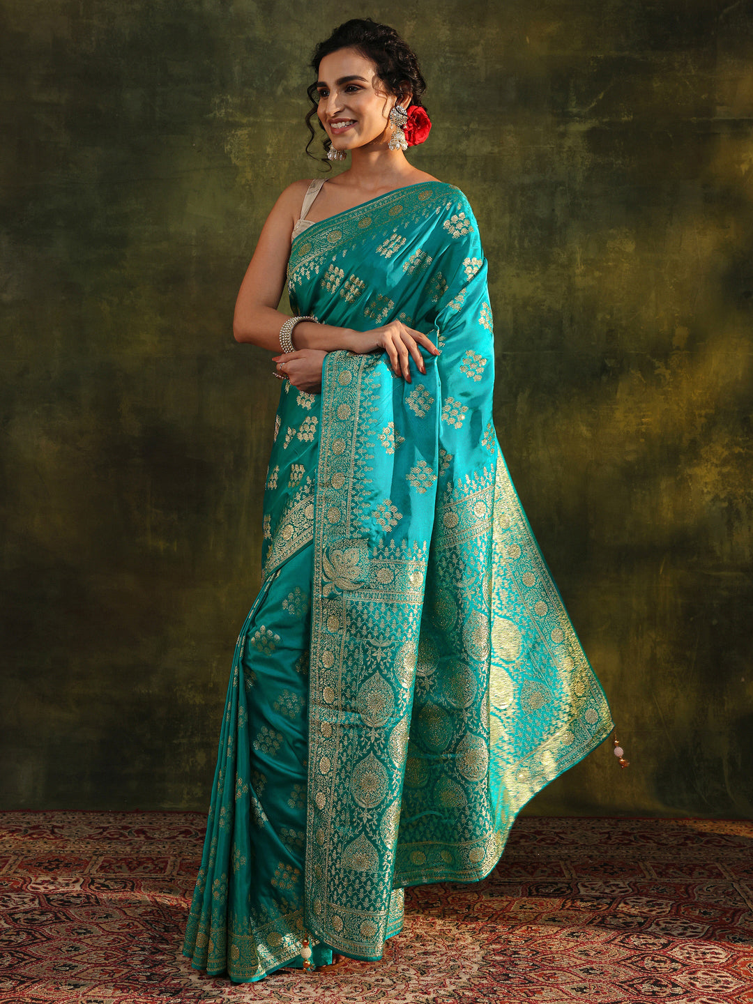  Libas Art Green Woven Design Satin Banarasi Saree With Unstitched Blouse Piece 