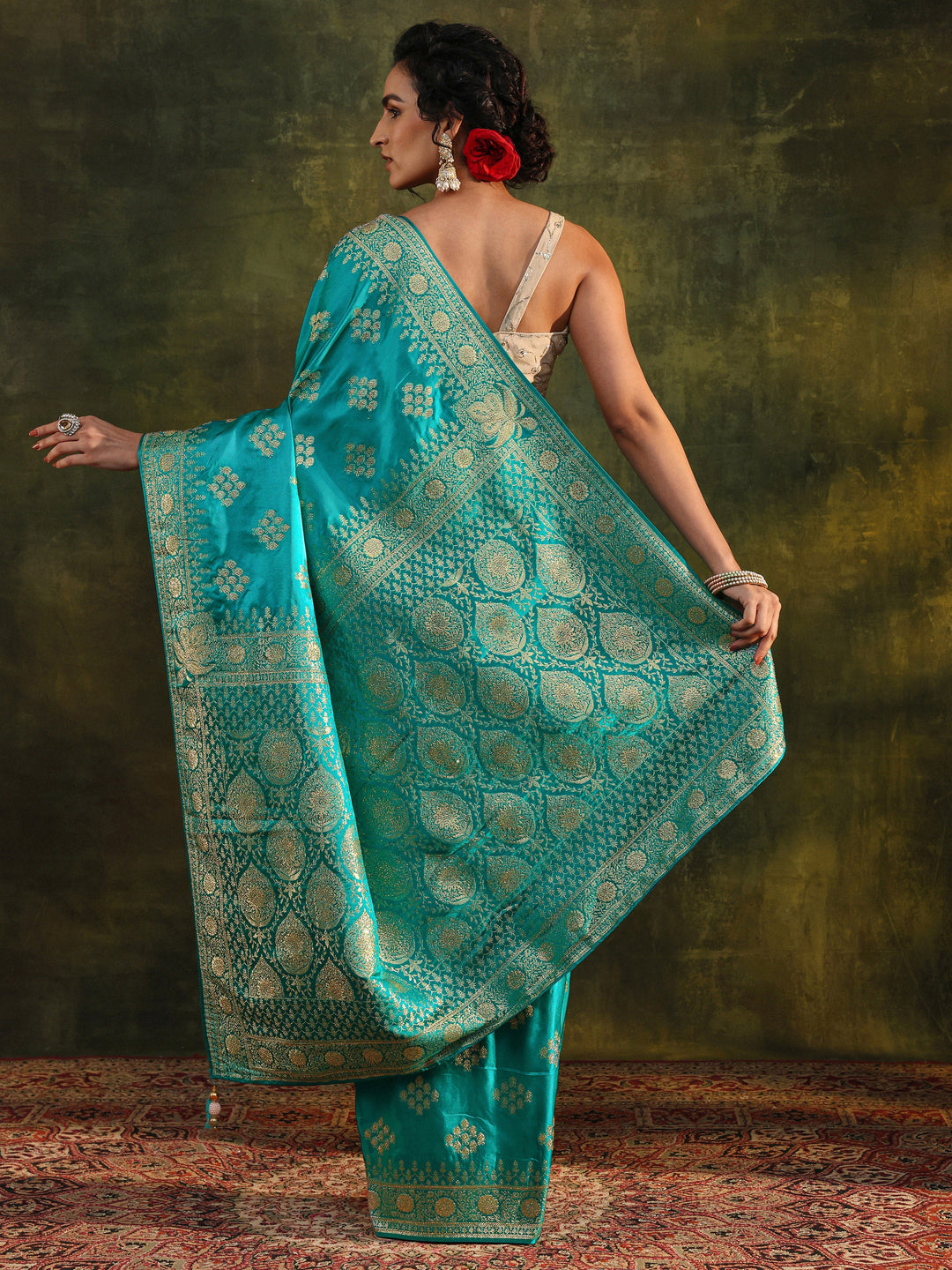  Libas Art Green Woven Design Satin Banarasi Saree With Unstitched Blouse Piece 