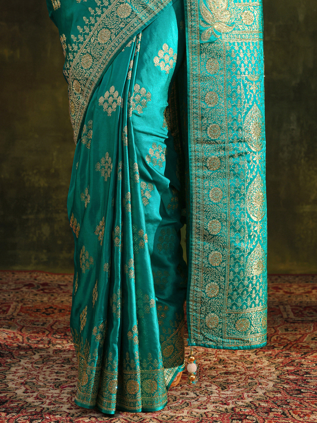  Libas Art Green Woven Design Satin Banarasi Saree With Unstitched Blouse Piece 