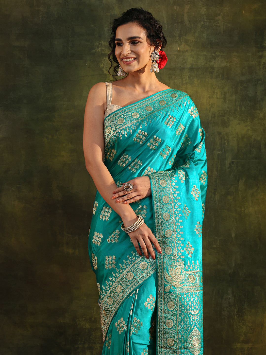  Libas Art Green Woven Design Satin Banarasi Saree With Unstitched Blouse Piece 