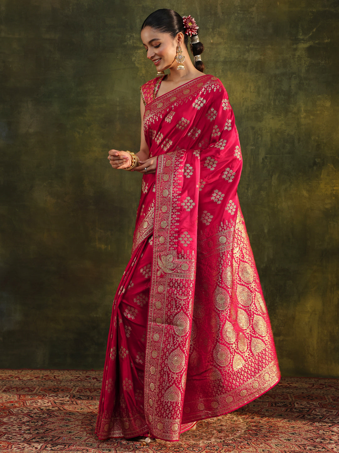  Libas Art Red Woven Design Satin Banarasi Saree With Unstitched Blouse Piece 
