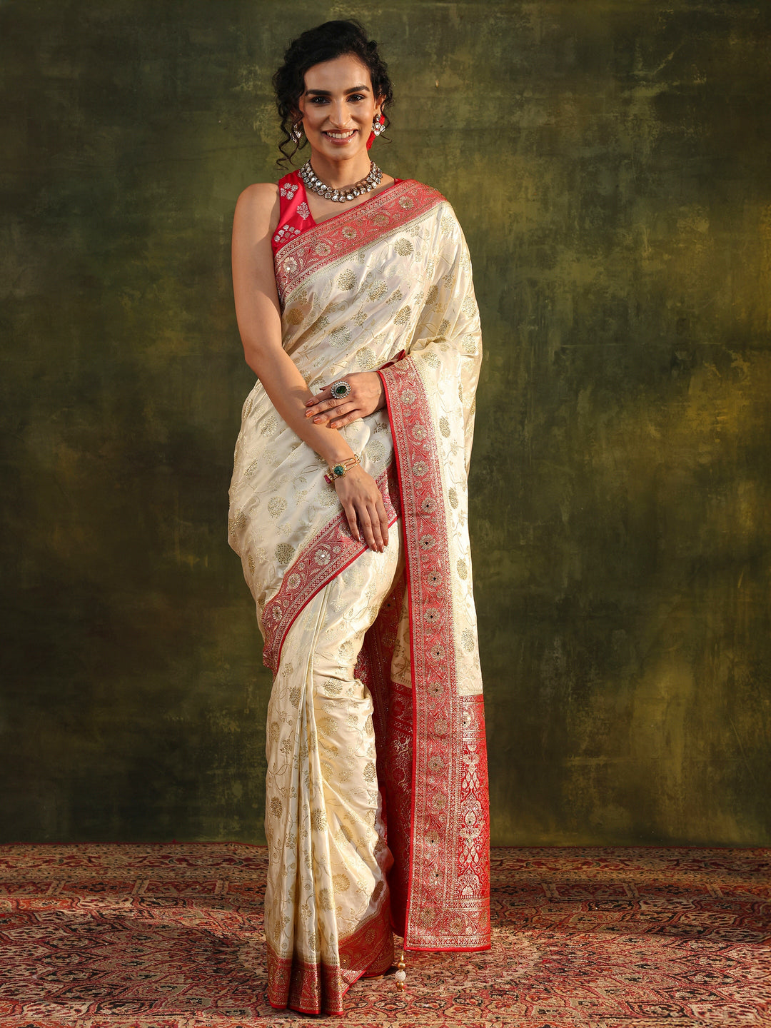  Libas Art Ivory Woven Design Silk Blend Banarasi Saree With Unstitched Blouse Piece 