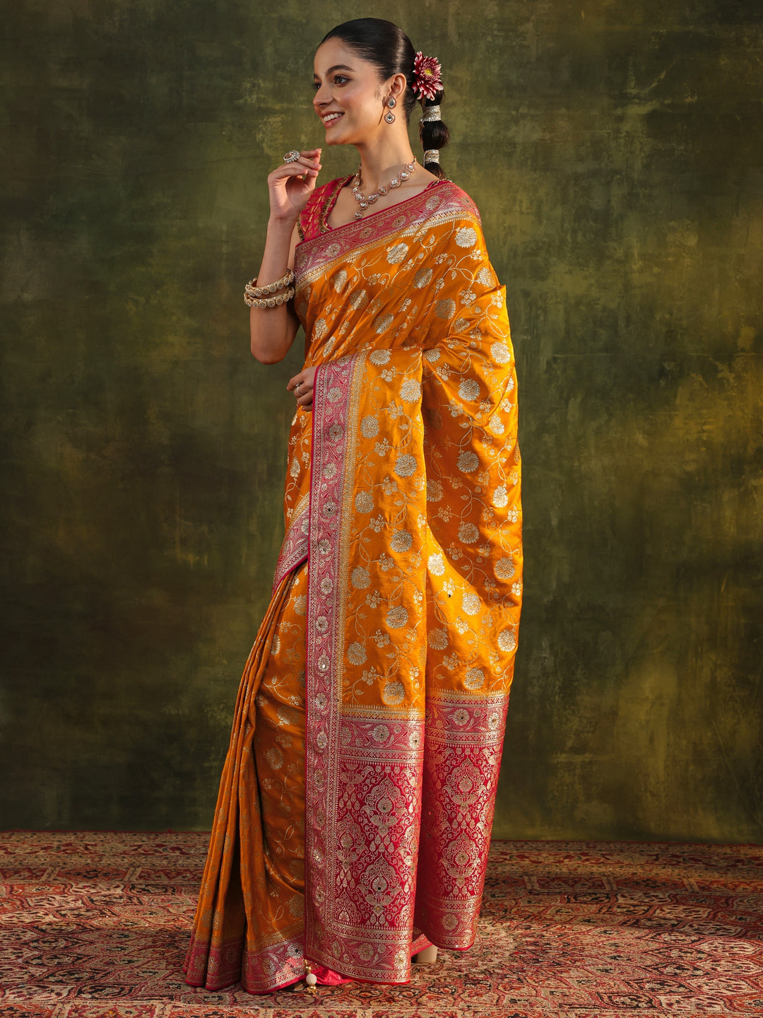  Libas Art Mustard Woven Design Silk Blend Banarasi Saree With Unstitched Blouse Piece 