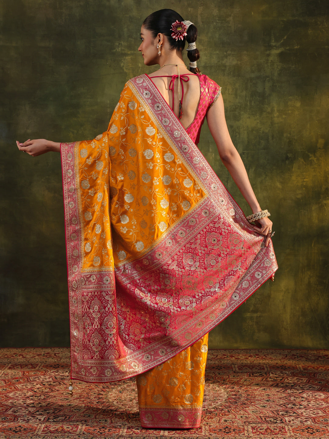  Libas Art Mustard Woven Design Silk Blend Banarasi Saree With Unstitched Blouse Piece 