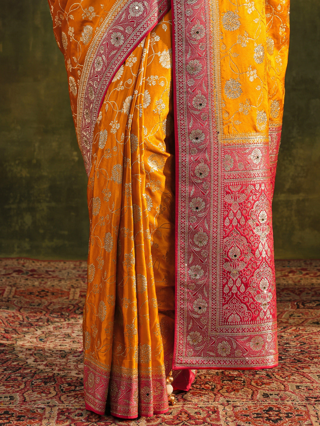  Libas Art Mustard Woven Design Silk Blend Banarasi Saree With Unstitched Blouse Piece 
