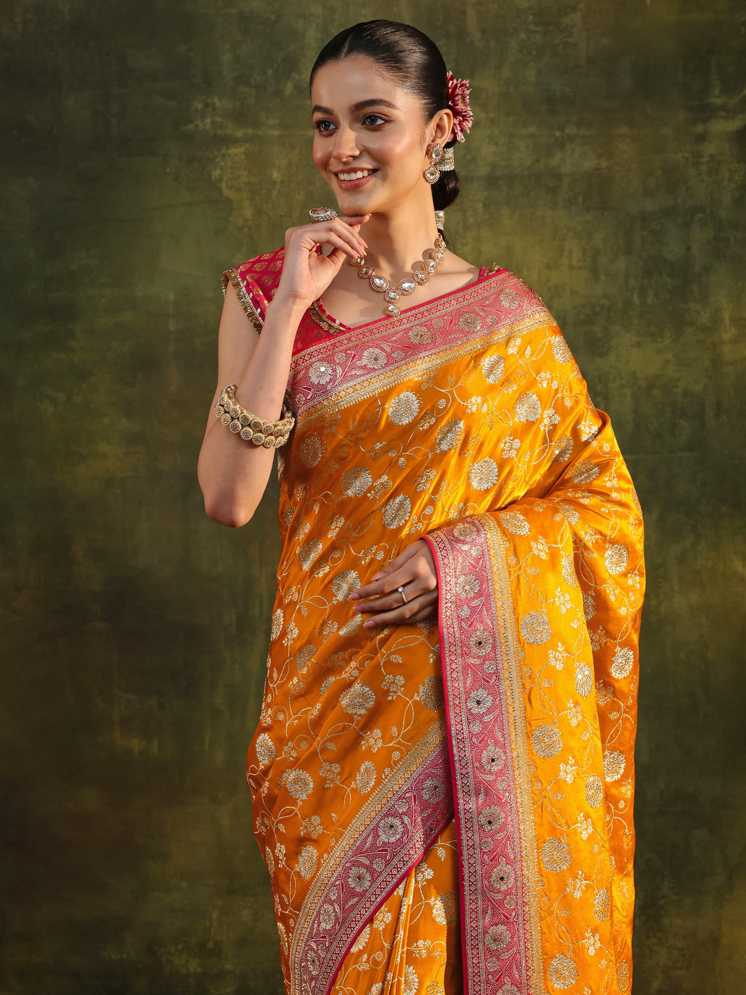  Libas Art Mustard Woven Design Silk Blend Banarasi Saree With Unstitched Blouse Piece 