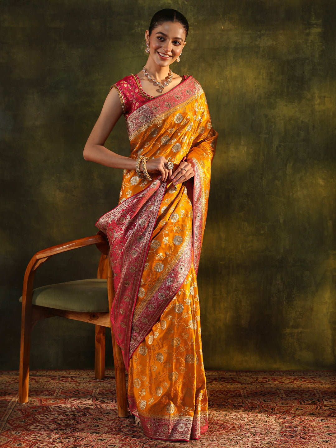  Libas Art Mustard Woven Design Silk Blend Banarasi Saree With Unstitched Blouse Piece 