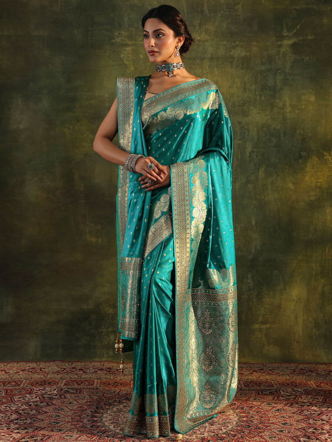  Libas Art Green Banarasi Satin Saree  With Unstitched Blouse And Dupatta 