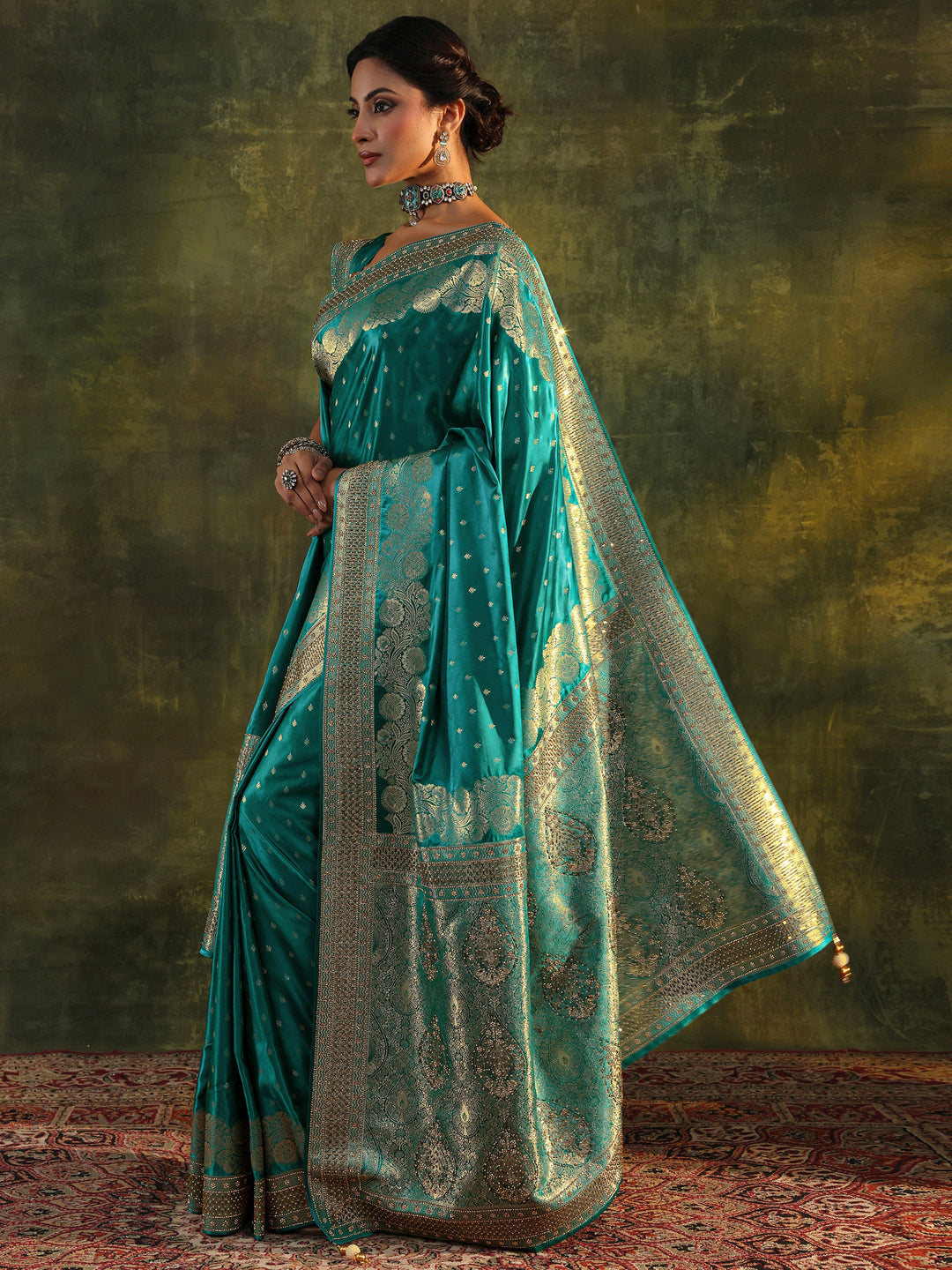  Libas Art Green Banarasi Satin Saree  With Unstitched Blouse And Dupatta 