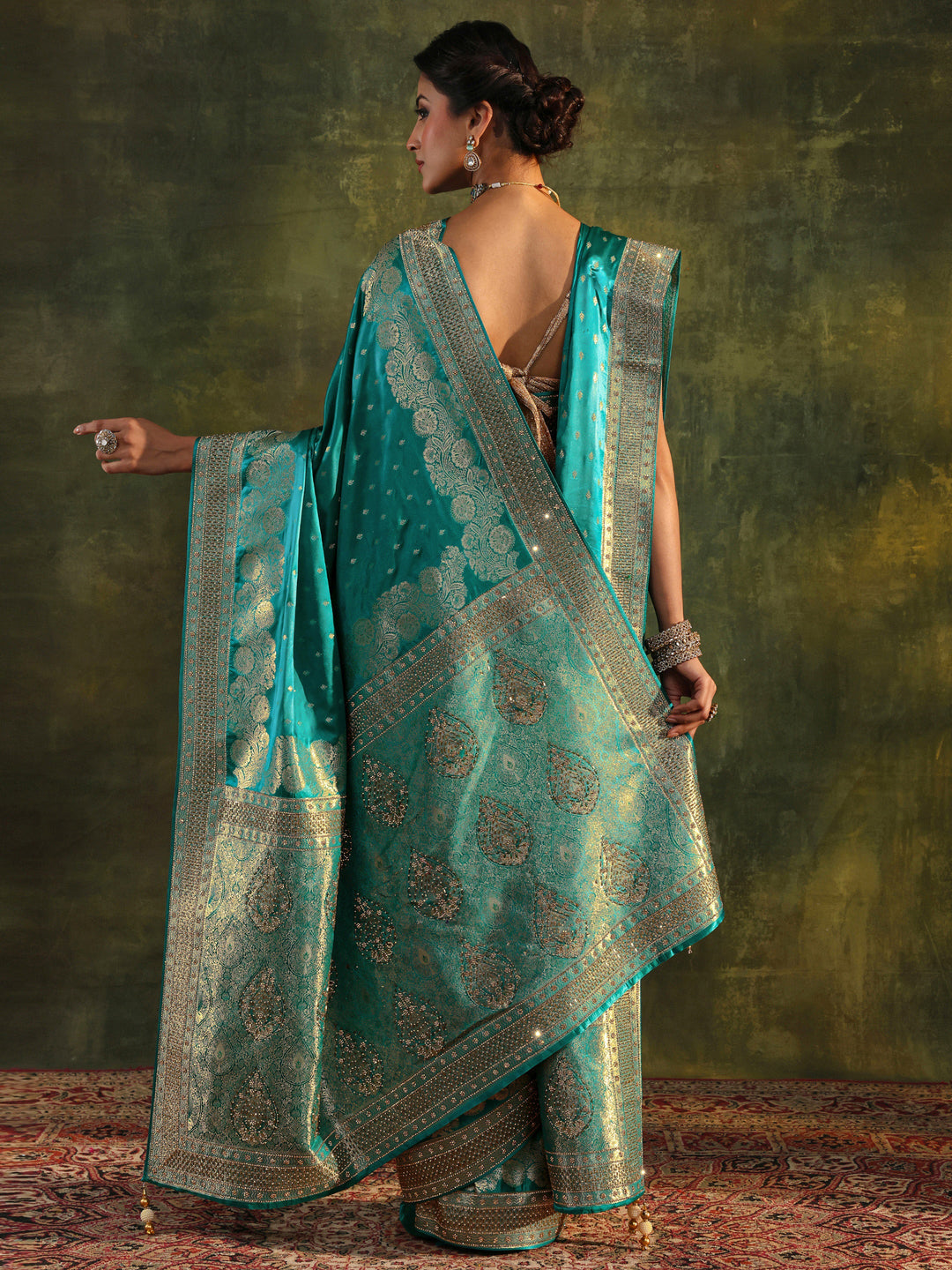  Libas Art Green Banarasi Satin Saree  With Unstitched Blouse And Dupatta 