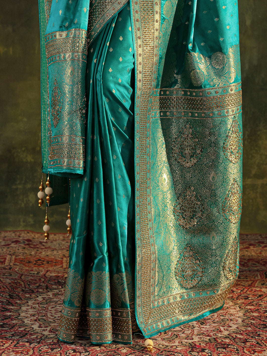  Libas Art Green Banarasi Satin Saree  With Unstitched Blouse And Dupatta 