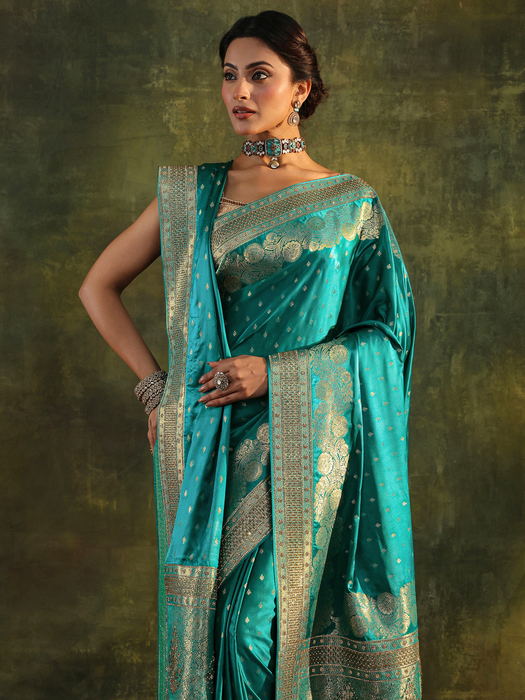  Libas Art Green Banarasi Satin Saree  With Unstitched Blouse And Dupatta 