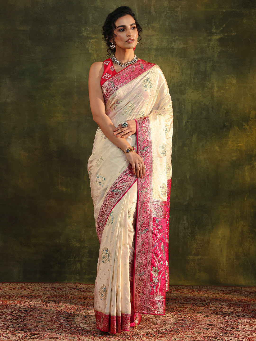  Libas Art Off White Ethnic Woven Design Satin Saree With Unstitched Blouse Piece 