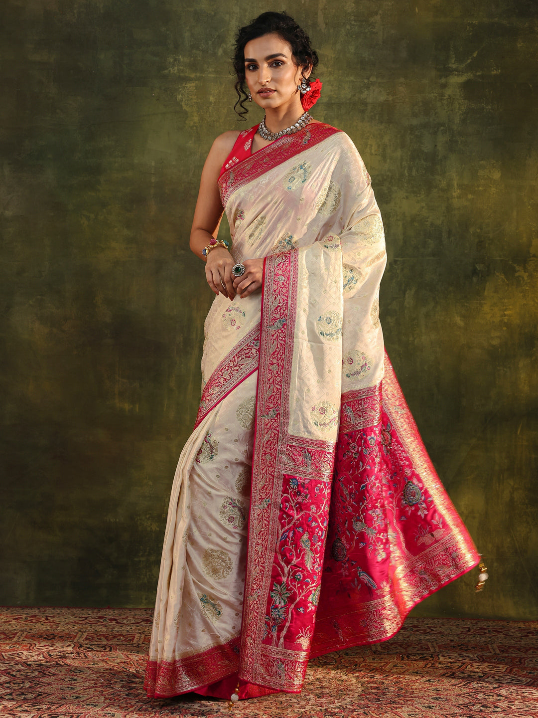  Libas Art Off White Ethnic Woven Design Satin Saree With Unstitched Blouse Piece 