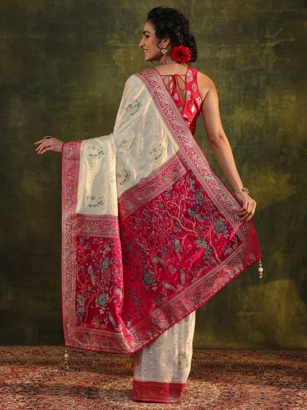  Libas Art Off White Ethnic Woven Design Satin Saree With Unstitched Blouse Piece 
