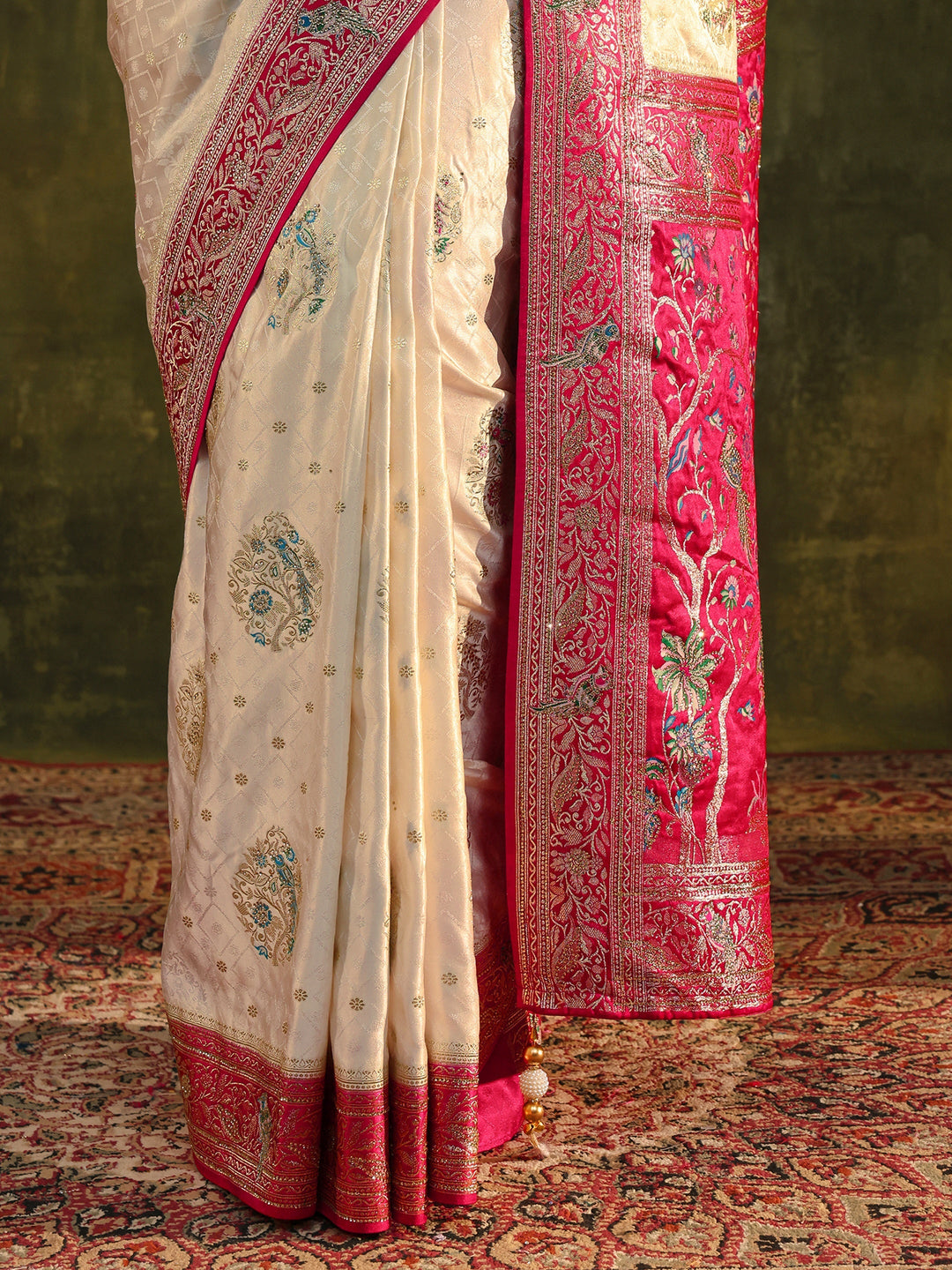  Libas Art Off White Ethnic Woven Design Satin Saree With Unstitched Blouse Piece 