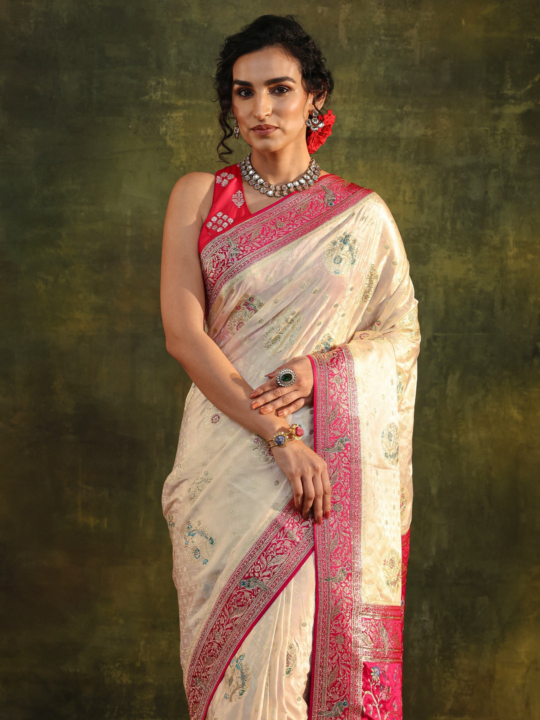  Libas Art Off White Ethnic Woven Design Satin Saree With Unstitched Blouse Piece 