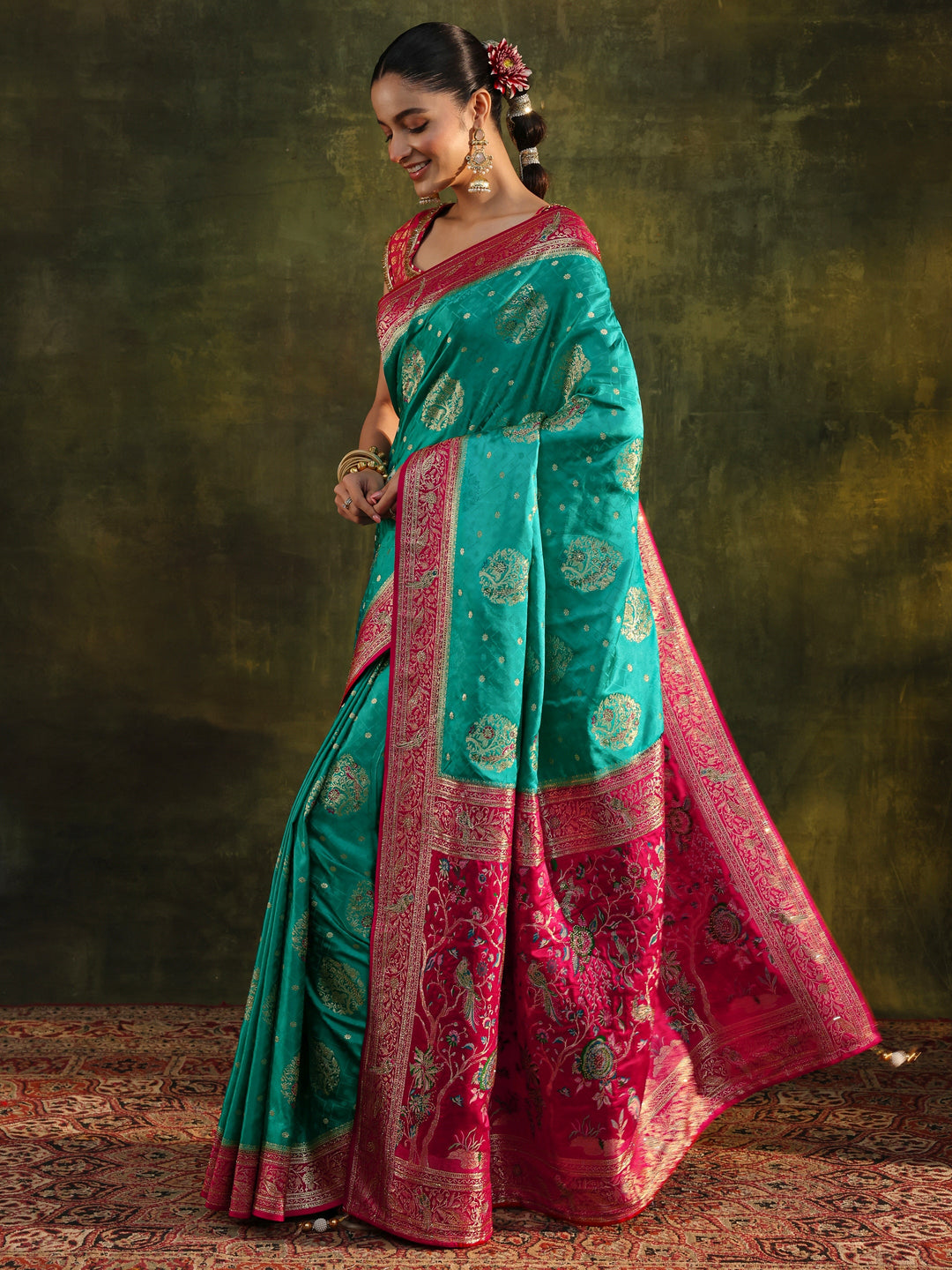  Libas Art Green Woven Design Satin Banarasi Saree With Unstitched Blouse Piece 