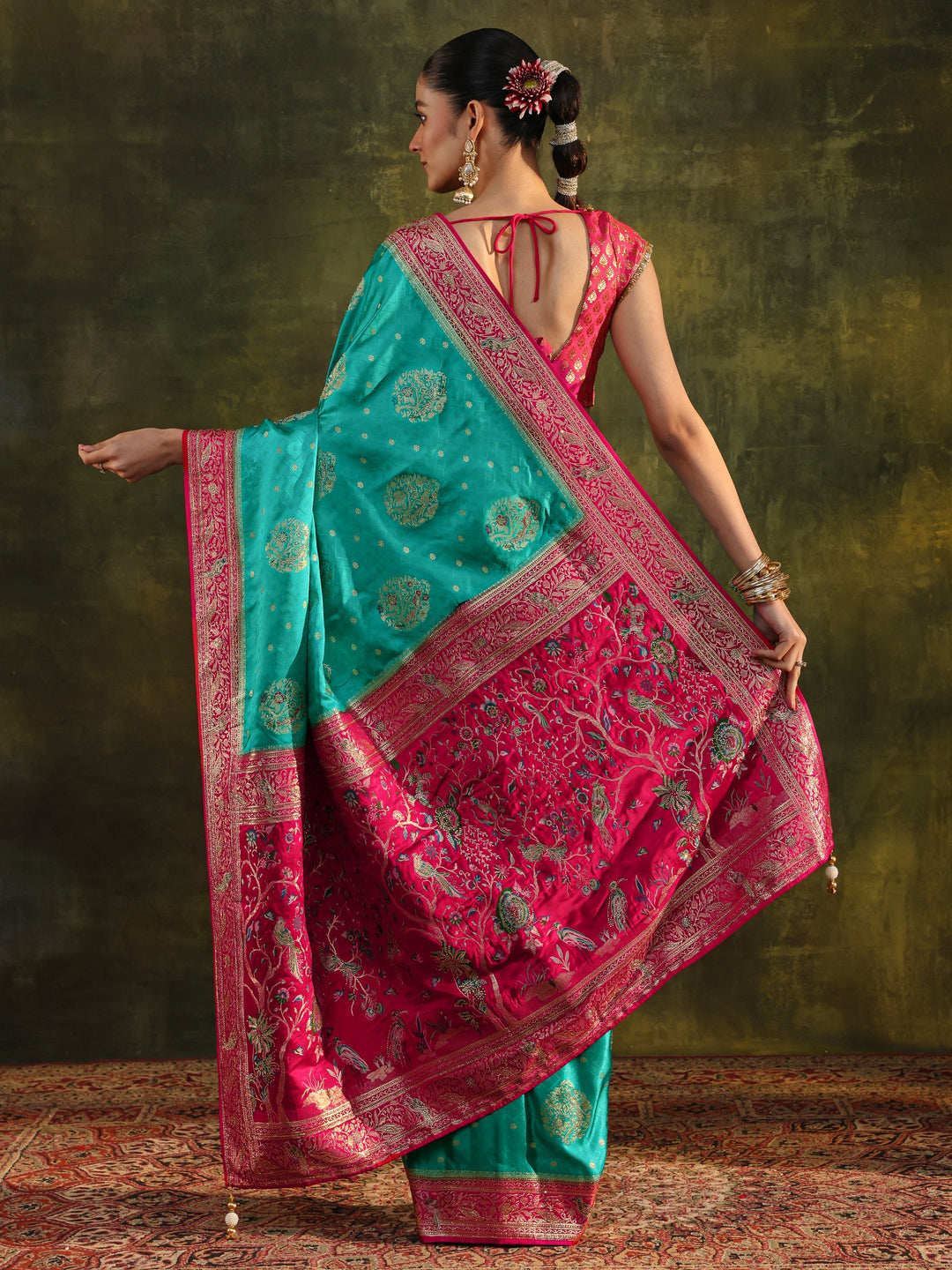  Libas Art Green Woven Design Satin Banarasi Saree With Unstitched Blouse Piece 