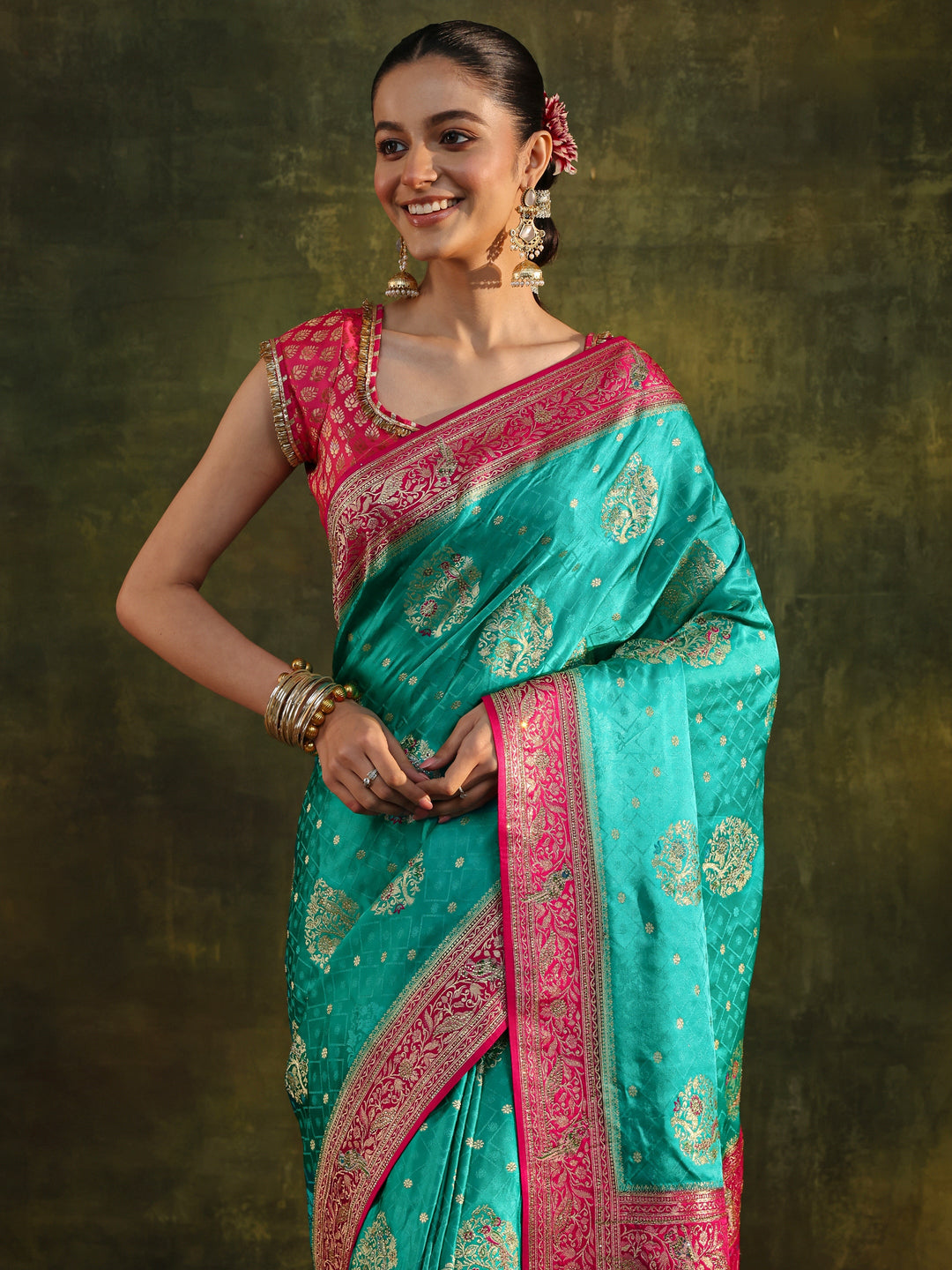  Libas Art Green Woven Design Satin Banarasi Saree With Unstitched Blouse Piece 