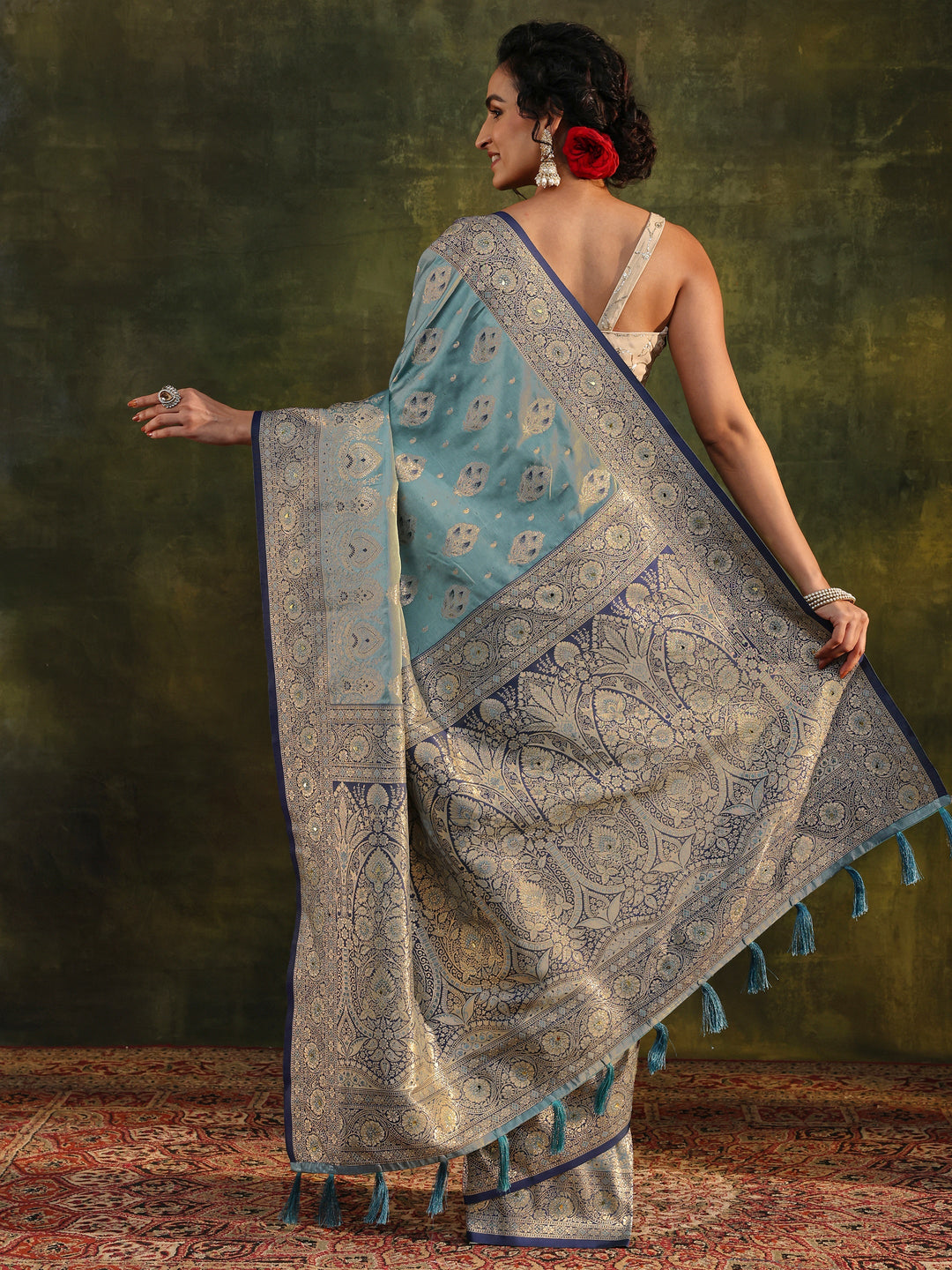  Teal Woven Design Silk Blend Banarasi Saree With Unstitched Blouse Piece 