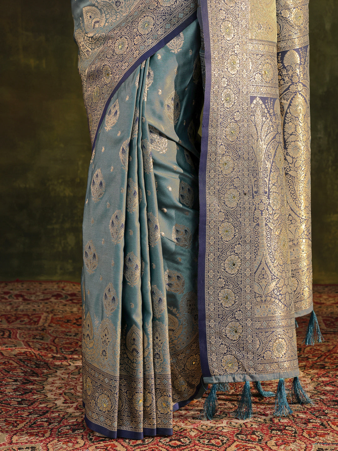  Teal Woven Design Silk Blend Banarasi Saree With Unstitched Blouse Piece 