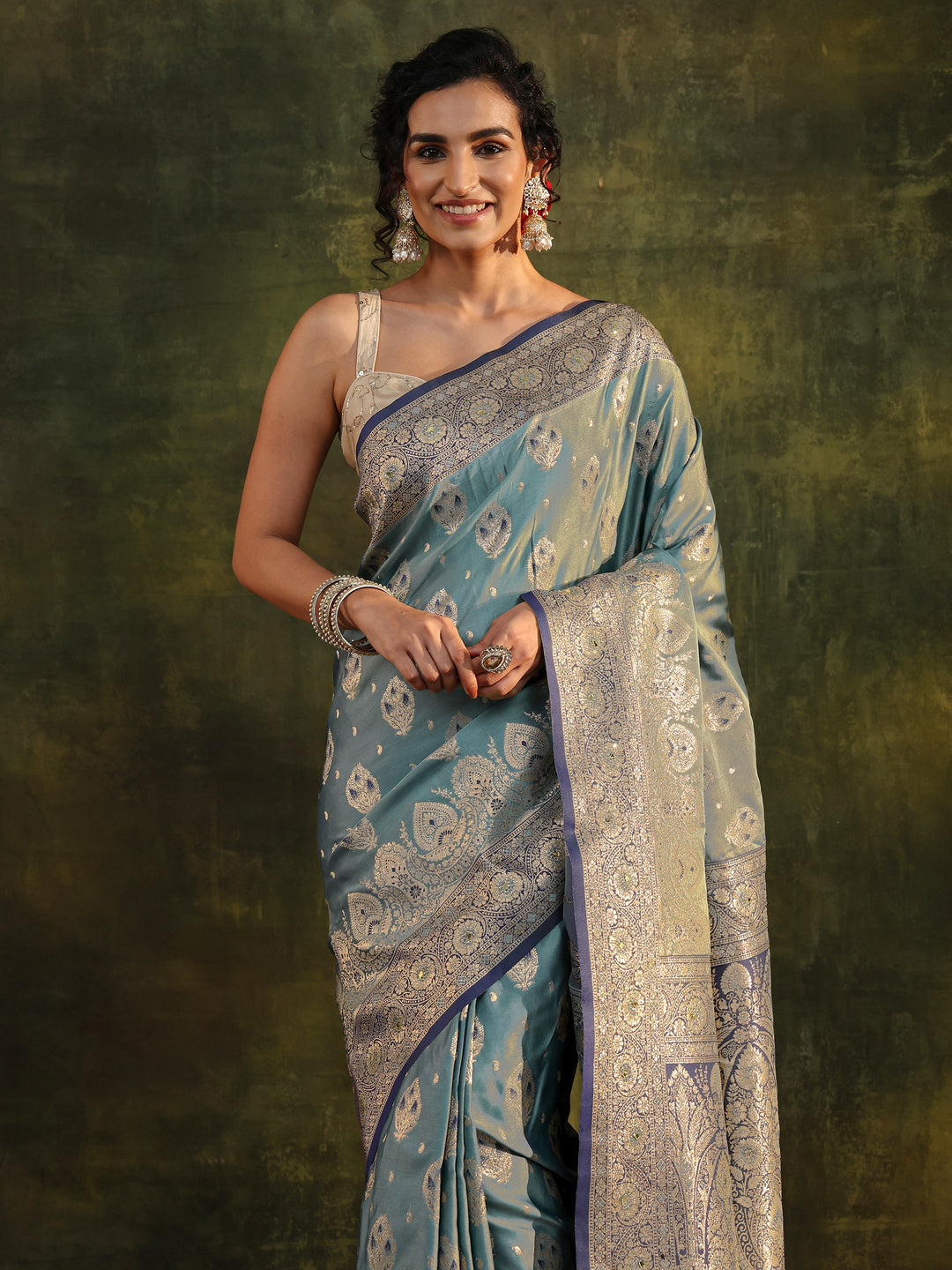  Teal Woven Design Silk Blend Banarasi Saree With Unstitched Blouse Piece 