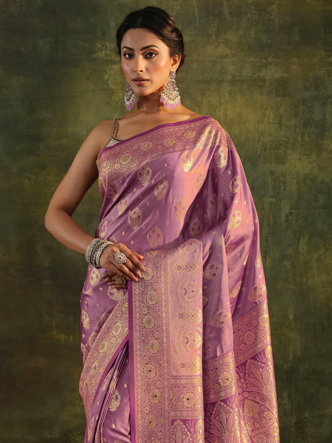  Purple Banarasi Silk Blend Saree With Unstitched Blouse Piece 