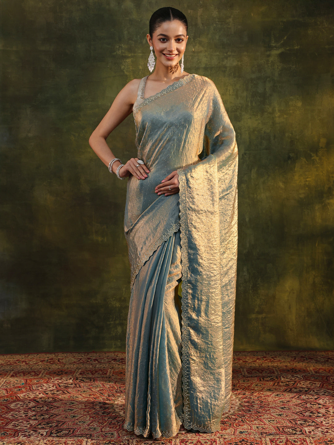  Blue Embellished Tissue Saree With Unstitched Blouse Piece 