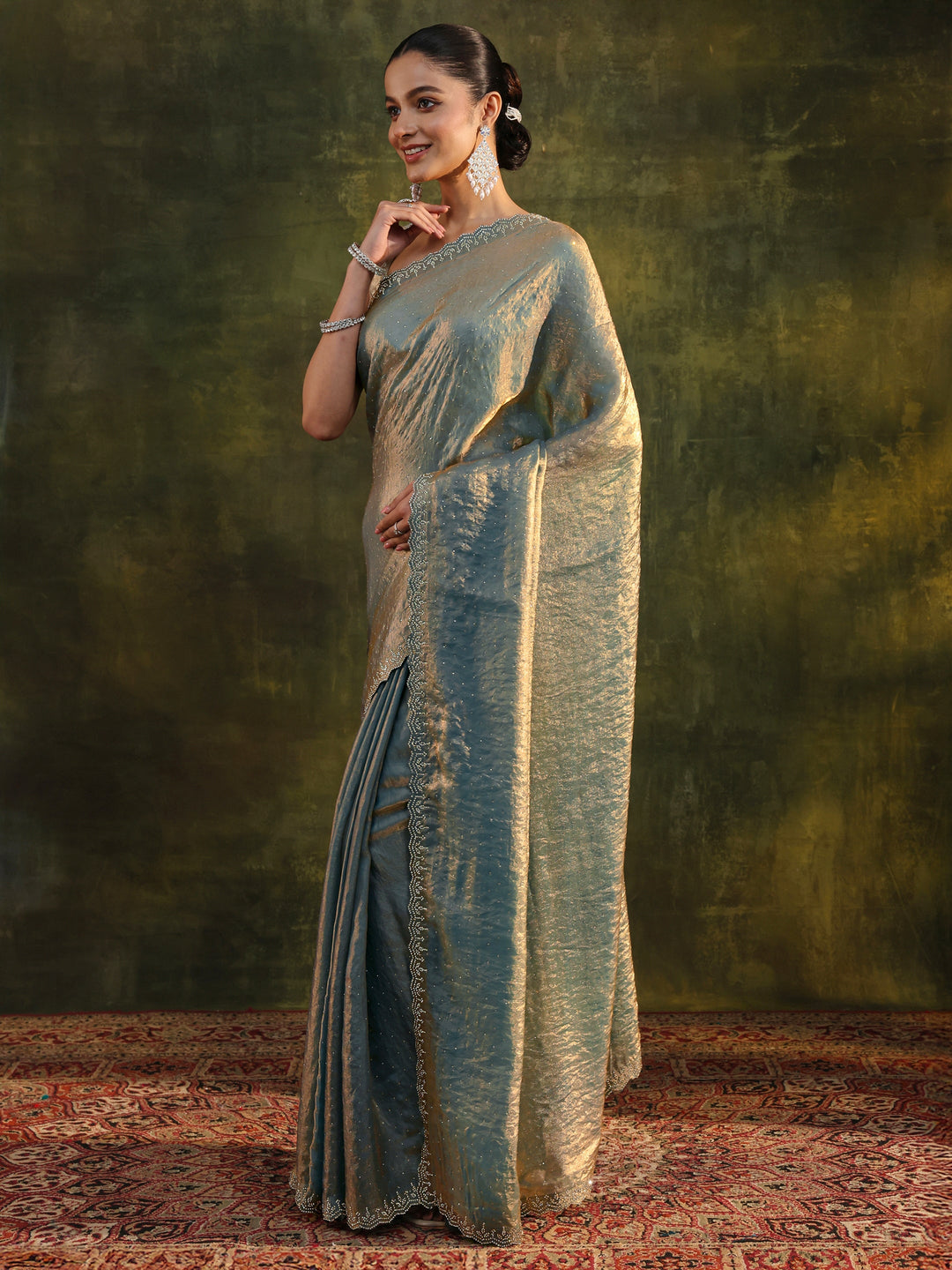  Blue Embellished Tissue Saree With Unstitched Blouse Piece 