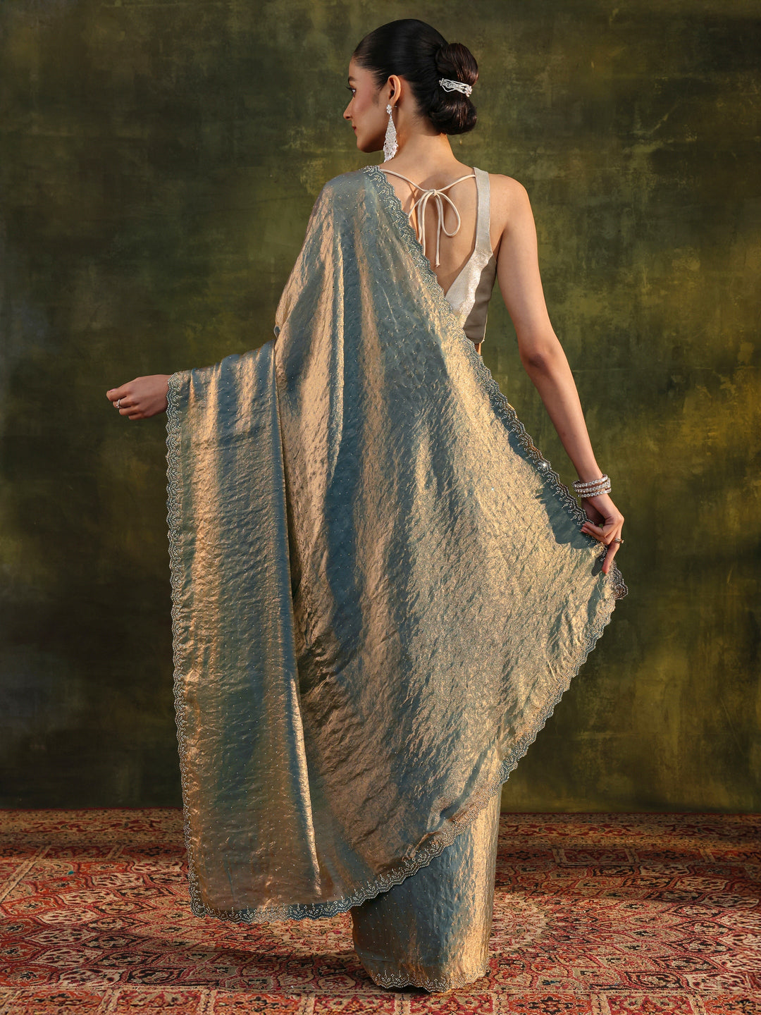  Blue Embellished Tissue Saree With Unstitched Blouse Piece 
