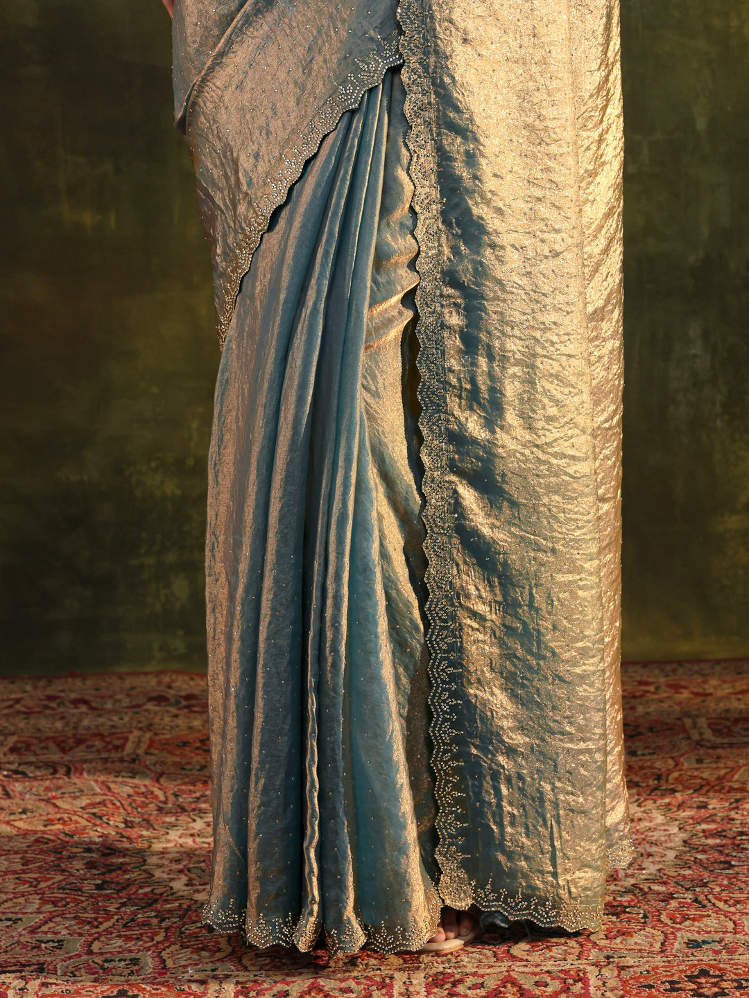  Blue Embellished Tissue Saree With Unstitched Blouse Piece 