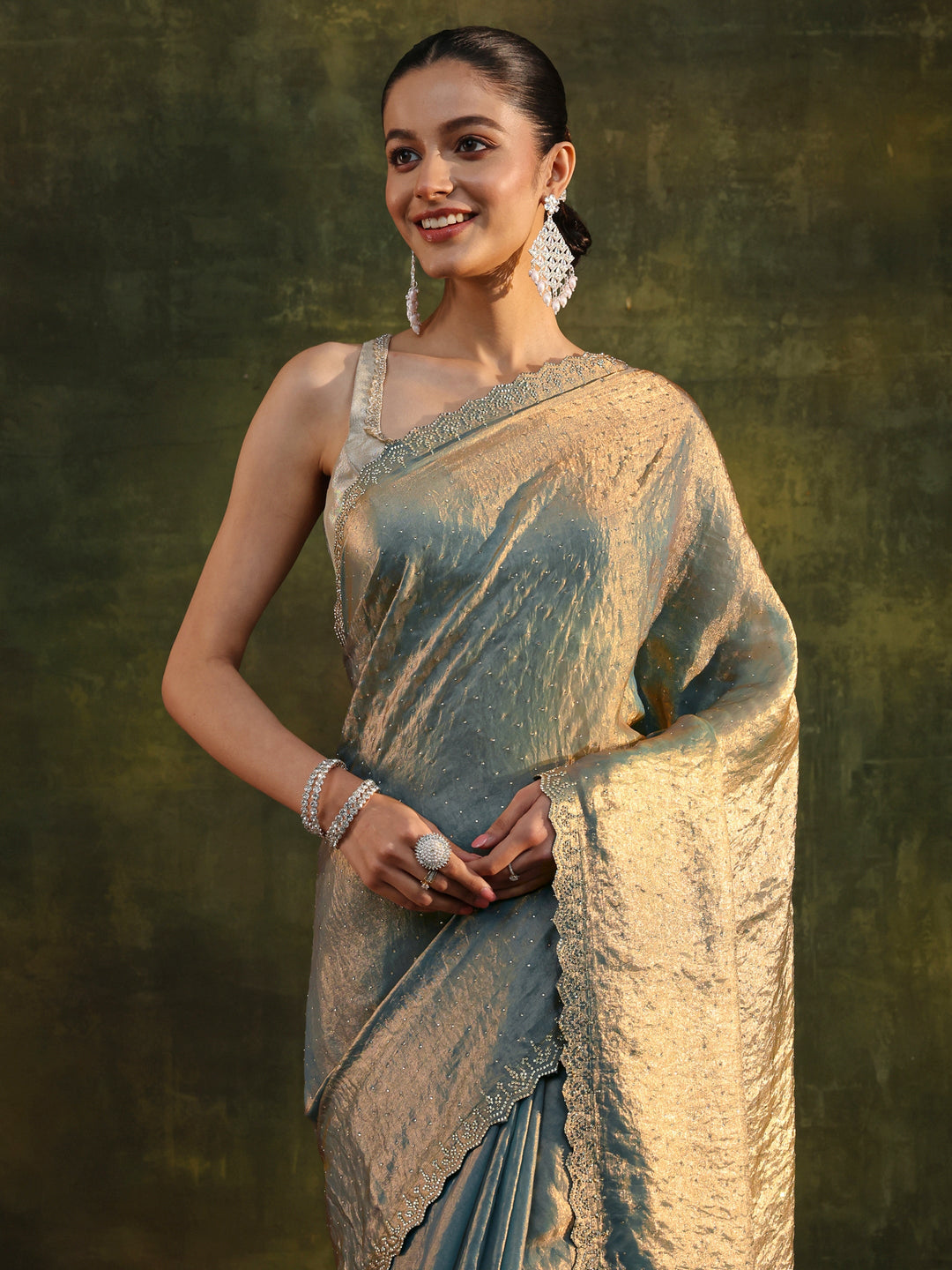  Blue Embellished Tissue Saree With Unstitched Blouse Piece 