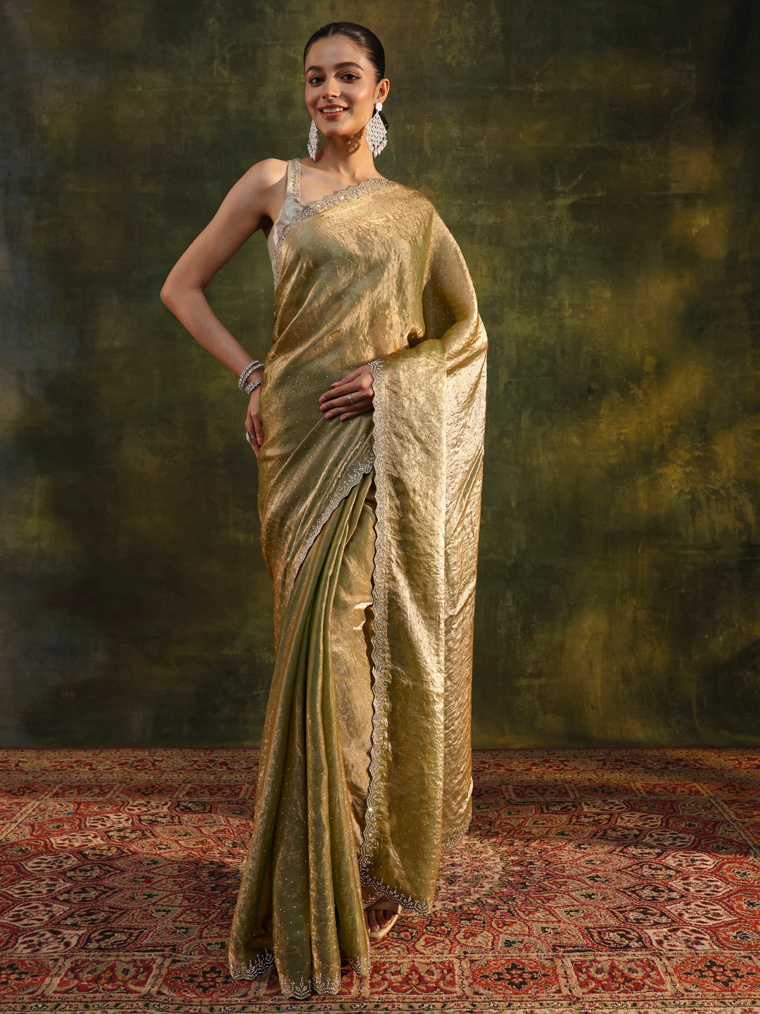 Green Embellished Tissue Saree With Unstitched Blouse Piece 