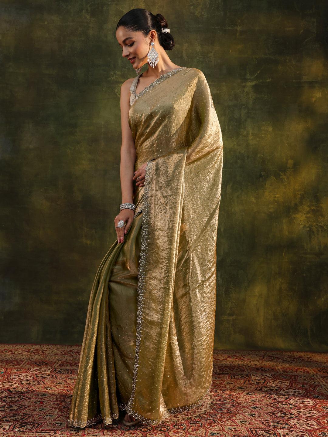  Green Embellished Tissue Saree With Unstitched Blouse Piece 