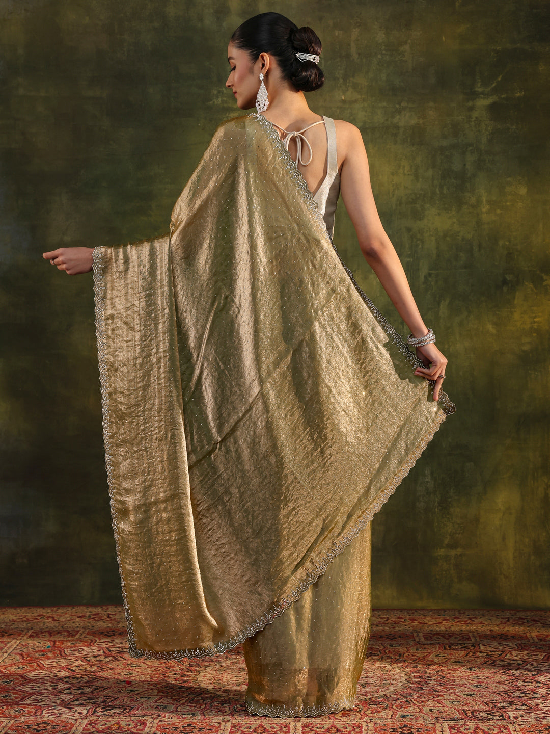  Green Embellished Tissue Saree With Unstitched Blouse Piece 