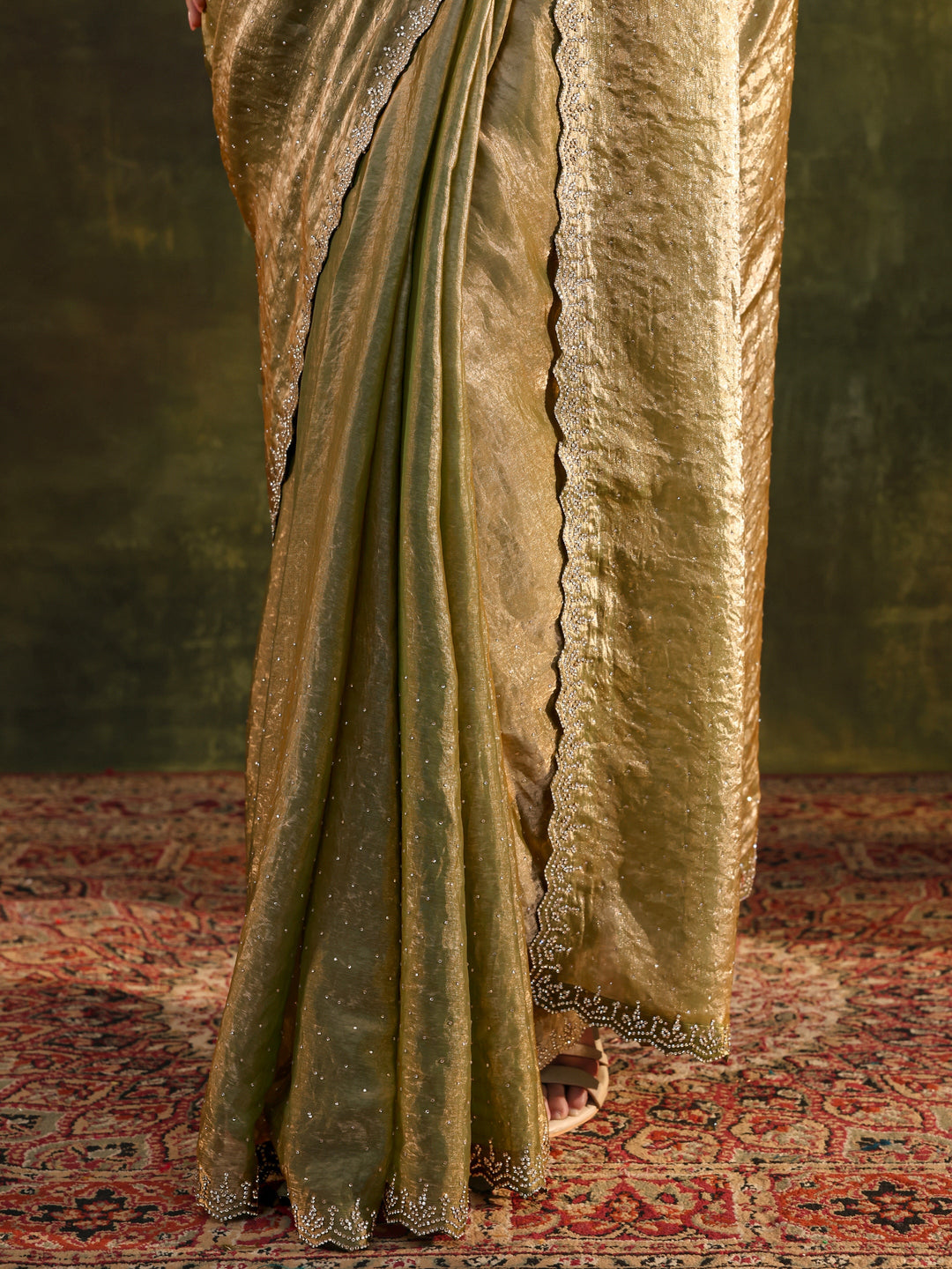  Green Embellished Tissue Saree With Unstitched Blouse Piece 