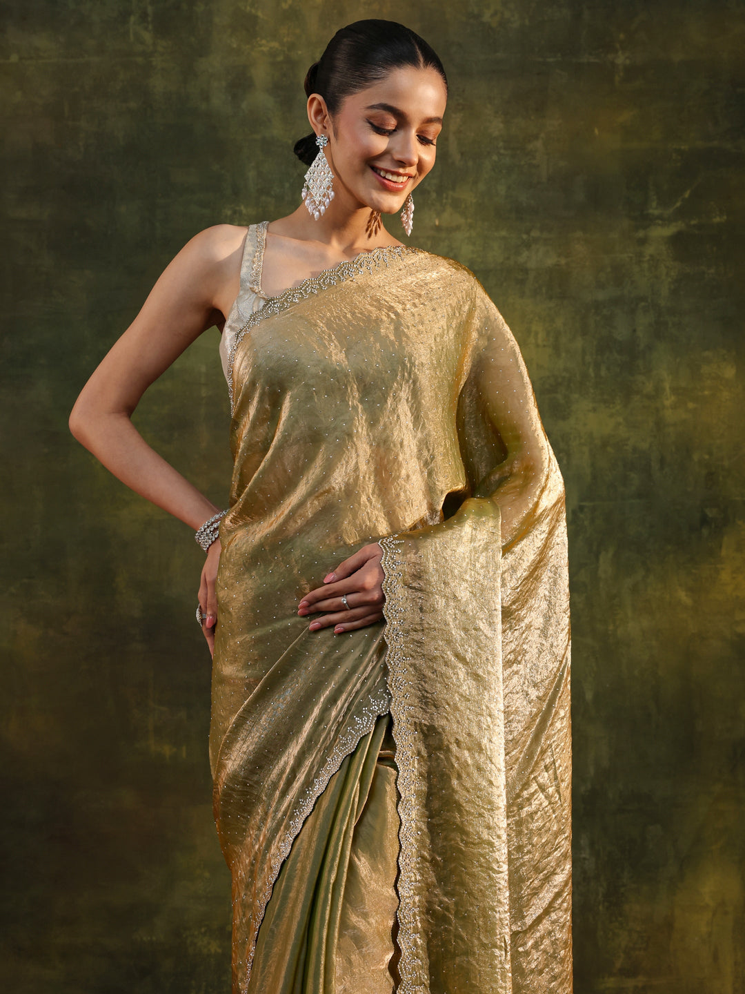  Green Embellished Tissue Saree With Unstitched Blouse Piece 