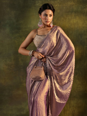Purple Embellished Tissue Saree With Unstitched Blouse Piece